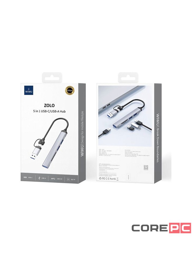 Адаптер Wiwu Zolo 5 в 1 USB/Type-C на USB 2.0х2/USB 3.0/SD/TF (Wi-HB003) (Grey)