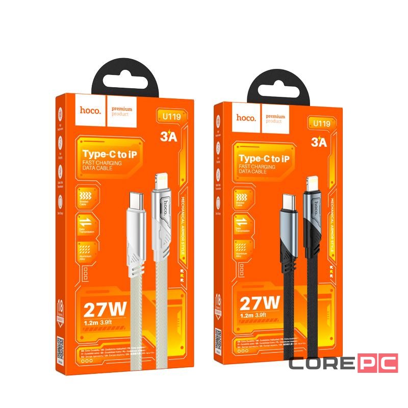 Кабель Hoco U119 (Type-C) на (Lightning) 120см тканевая оплётка (серый)