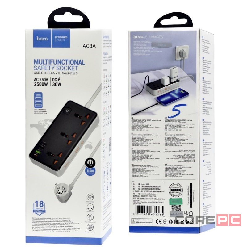 Сетевой фильтр Hoco AC8A 3 розетки/3USB/1USB-C 5м черный