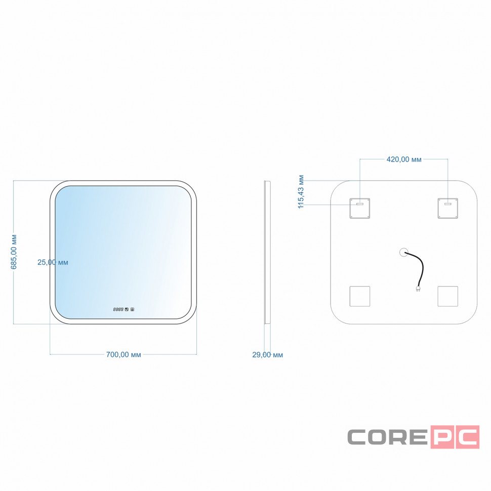 Зеркало MIXLINE Стив-3 700х680 (ШВ) сенсорный выключатель, часы + подогрев