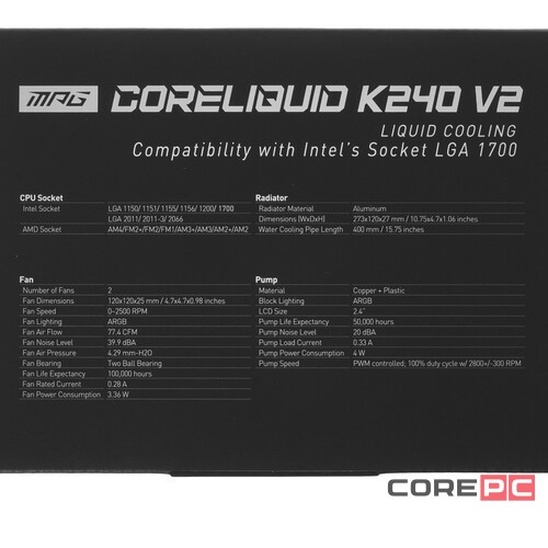 Система жидкостного охлаждения для процессора MSI MPG CORELIQUID K240 V2 ARGB Socket 1700 9S6-6A0311-038