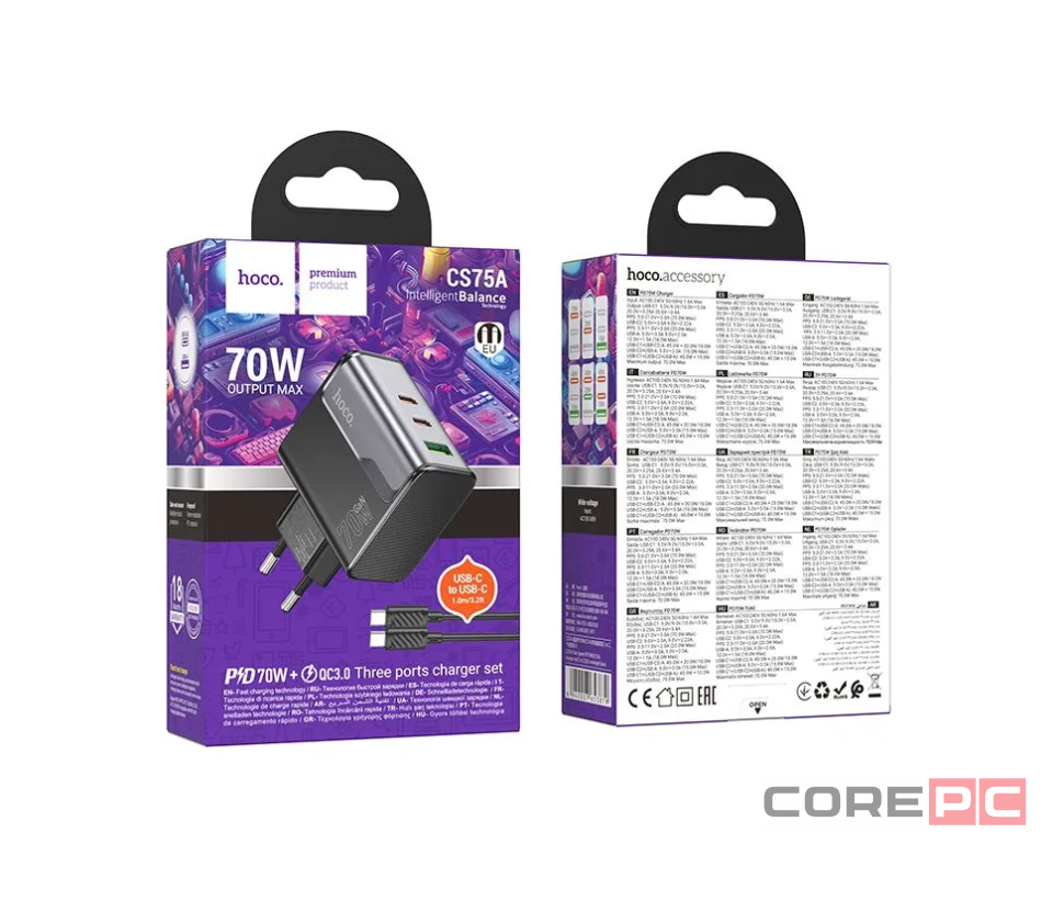 Сетевое зар. устр. Hoco CS75A 1USB/2C 70W QC3.0 черное