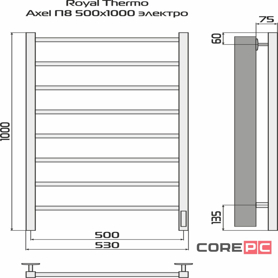 Полотенцесушитель Royal Thermo Axel П8 500х1000 электро (встроен. диммер) черный