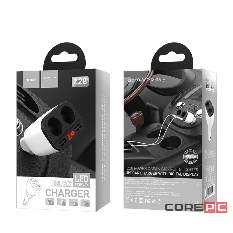 Автомобильное заряд. устр. Hoco Z28 2USB дисплей, белое