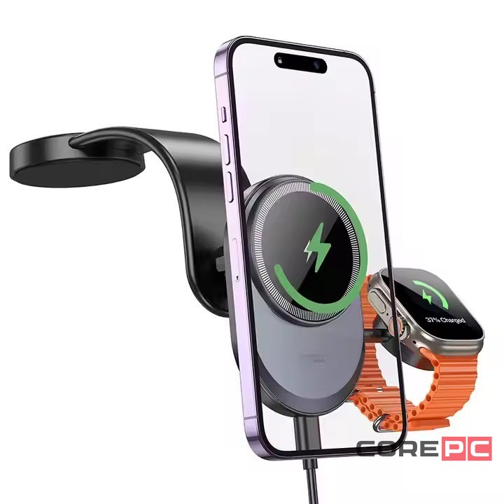 Держатель в автомобиль на торпеду 2в1 Hoco HW28 с беспроводной зарядкой для телефона и часов чёрный