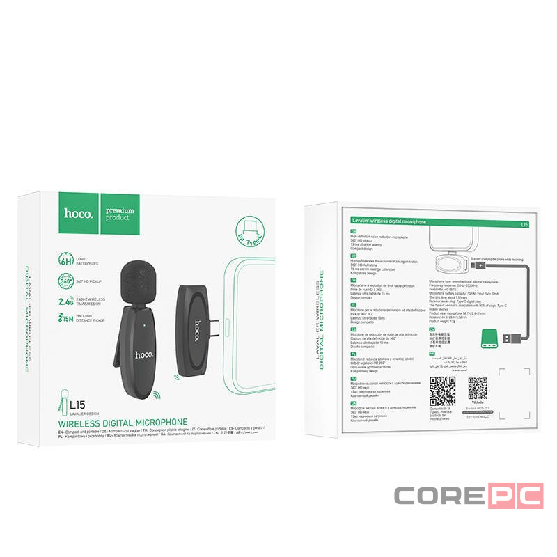 Беспроводной микрофон Hoco L15 петличка/Type-C черный