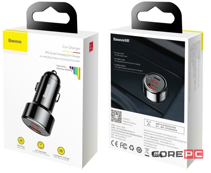 Автомобильное заряд. устр. Baseus 1USB/1C 45W CCMLC20C-01 черный перламутр