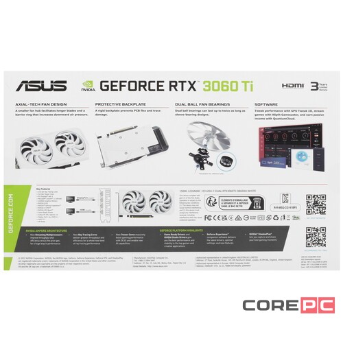 Видеокарта ASUS (DUAL-RTX3060TI-O8GD6X-WHITE) GeForce RTX 3060 TI 8GB DUAL OC 90YV0IP2-M0NA00