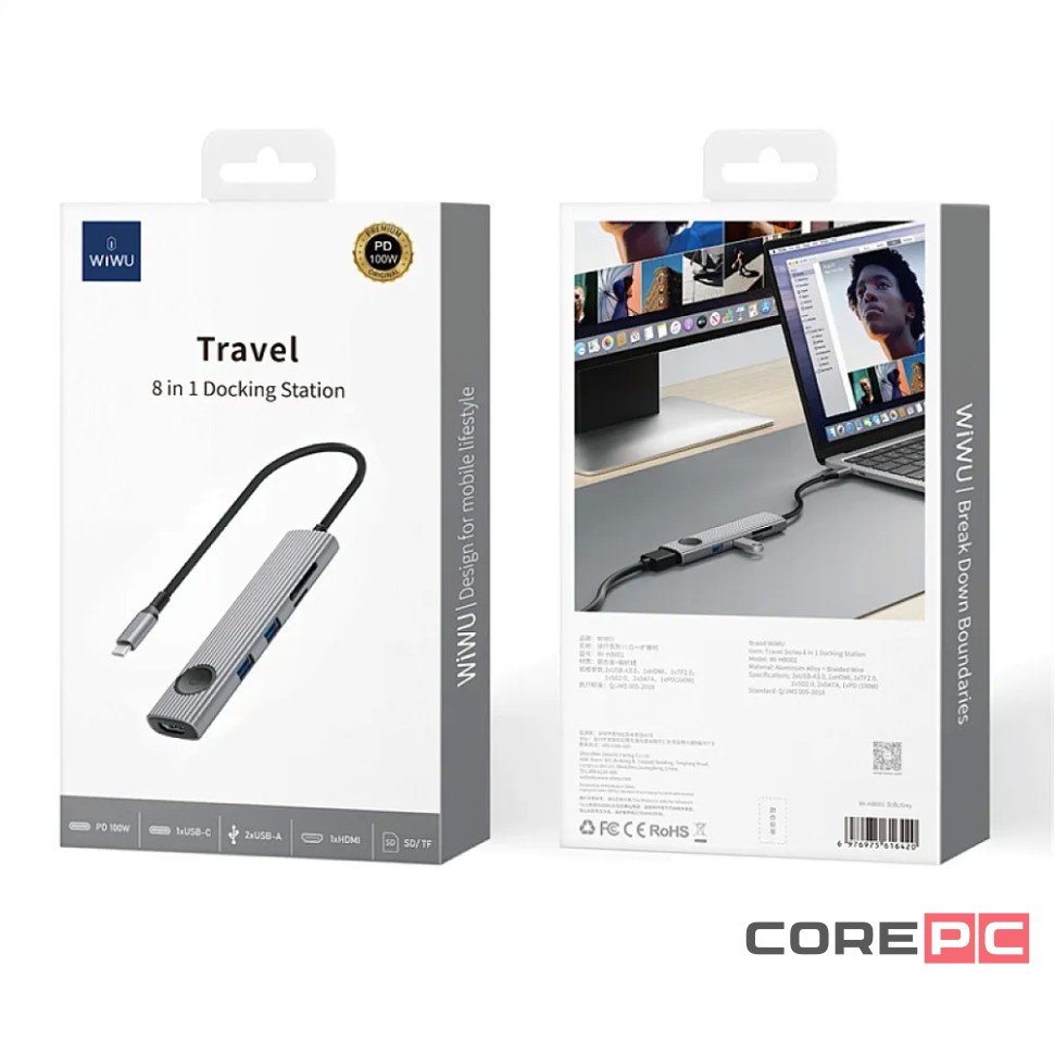 Адаптер Wiwu Travel 8 в 1 Type-C на USB 3.0х2/SD/TF/HDMI/DATA (WI-HB8001) (Grey)