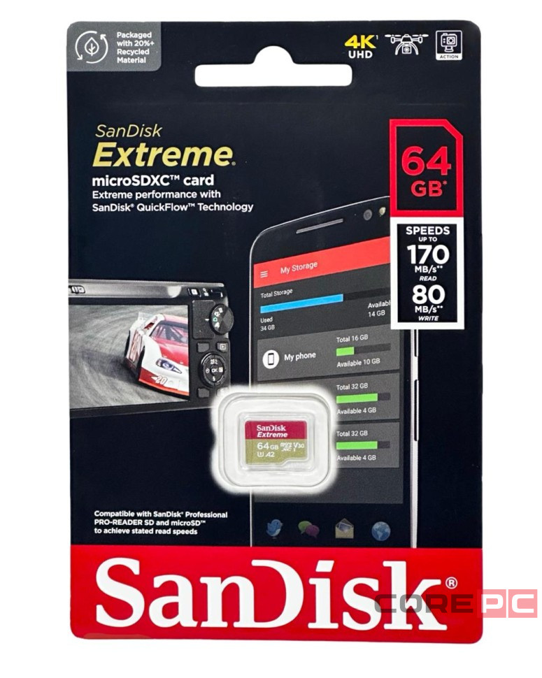 micro SDXC карта памяти SanDisk 64GB Class10 Extreme UHS-I U3 (170 Mb/s) без адаптера SDSQXAH-064G-G