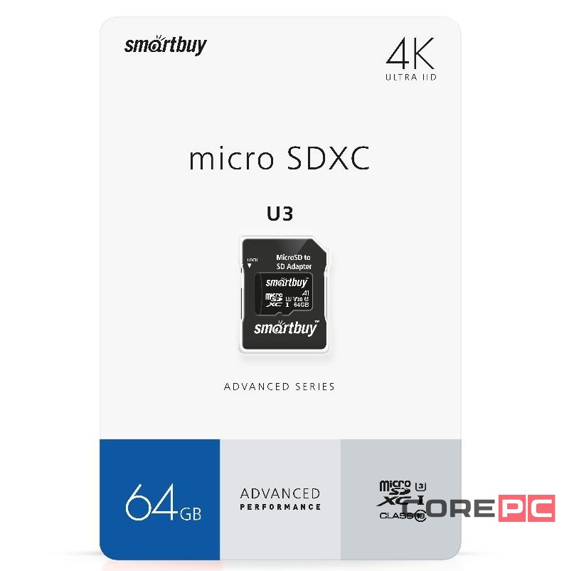 micro SDXC карта памяти Smartbuy 64GB U3 V30 A1 Advanced R/W up to 90/55 с адапт (SB64GBSDU1A-AD)