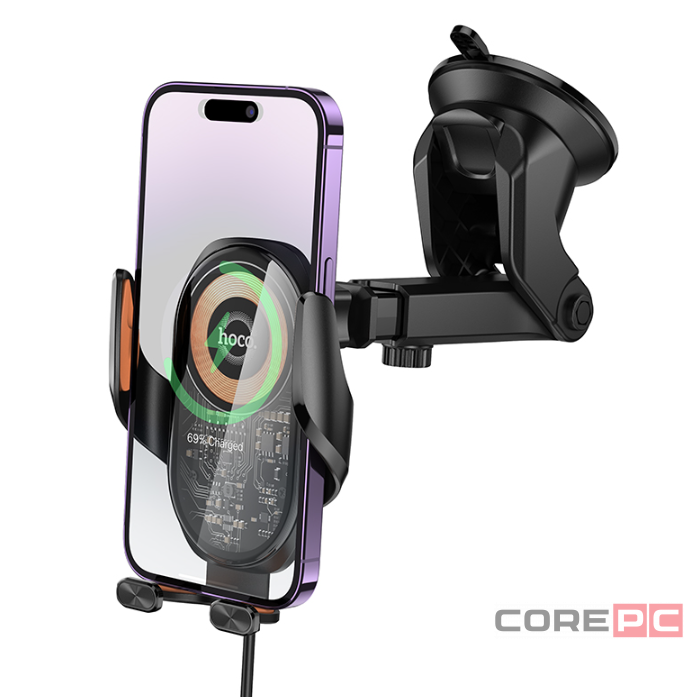 Держатель c беспроводной зарядкой на торпеду Hoco HW34 15W с зажимом черный