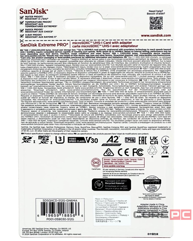 micro SDXC карта памяти SanDisk 512GB Cl10 Extreme Pro A2 V30 UHS-I U3 (200 Mb/s) + SD адаптер